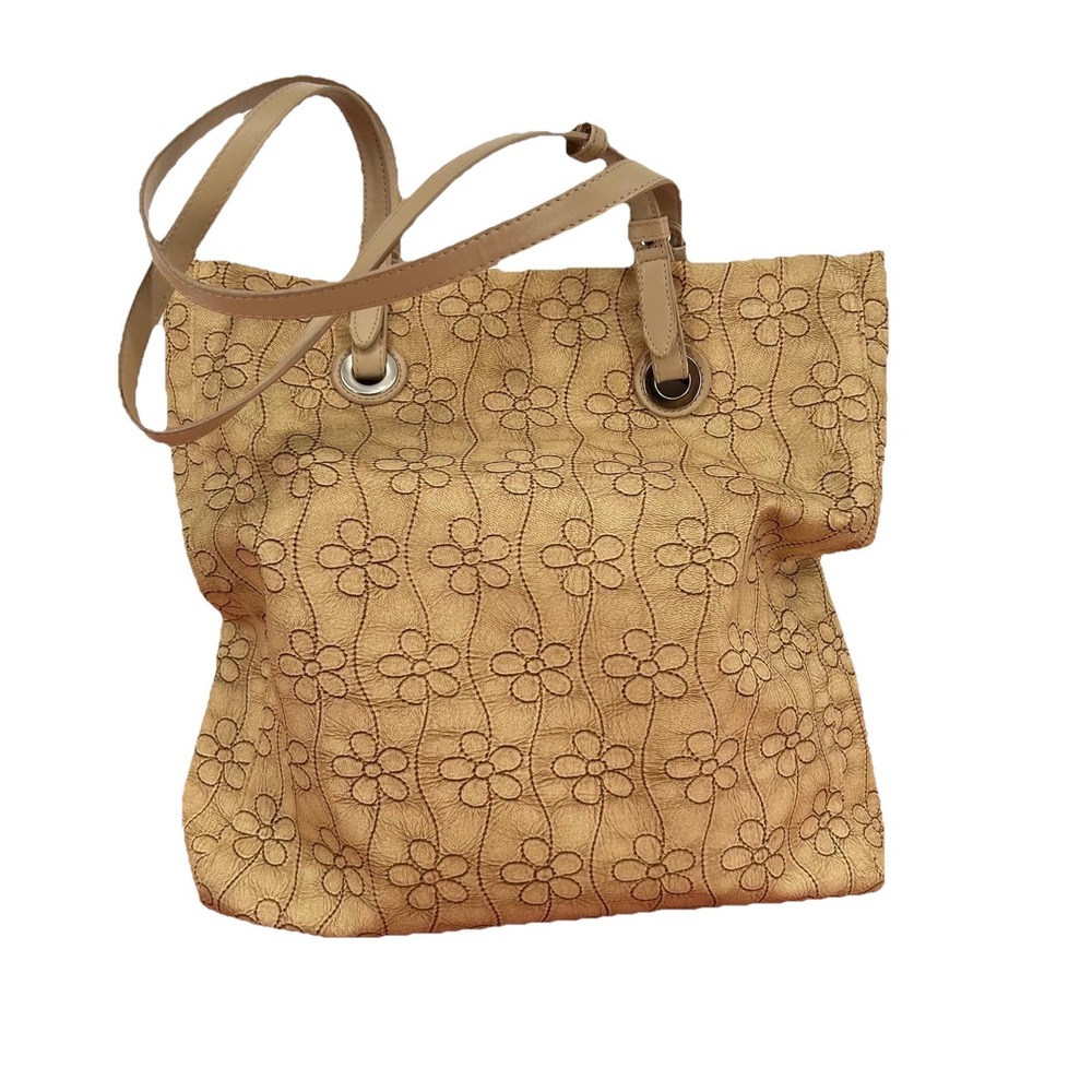 Floral Embossed Tote Bag & Clutch Tan Boho Cottagecore Vegan Leather Large